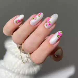 Pink Peony White Nails 