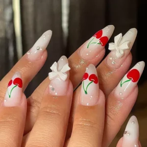 White Coquette Cherry Nails 